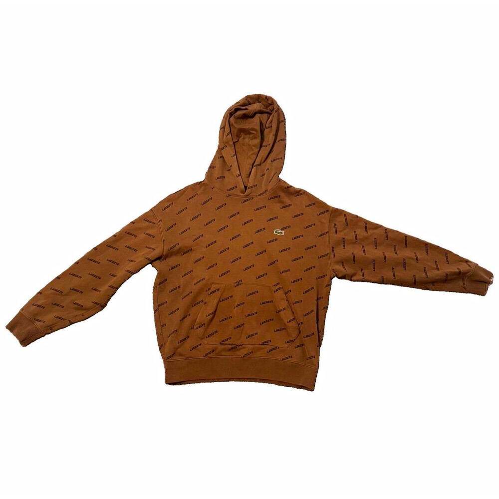Lacoste L!ve Women’s Brown Logo Pullover Hoodie Crocodile Drawstring Pockets